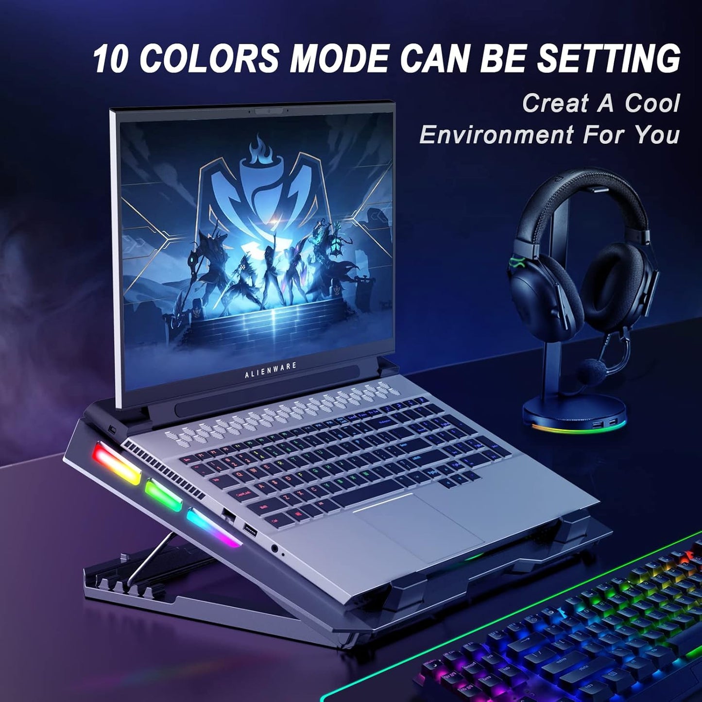 Gaming Laptop Cooling Pad with One Turbofan and 4 Cooling Fans, RGB Laptop Cooler Stand with 5 Height Adjustable, Cooling Pad for Laptop 15-17 Inch