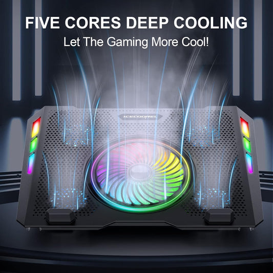 Gaming Laptop Cooling Pad with One Turbofan and 4 Cooling Fans, RGB Laptop Cooler Stand with 5 Height Adjustable, Cooling Pad for Laptop 15-17 Inch