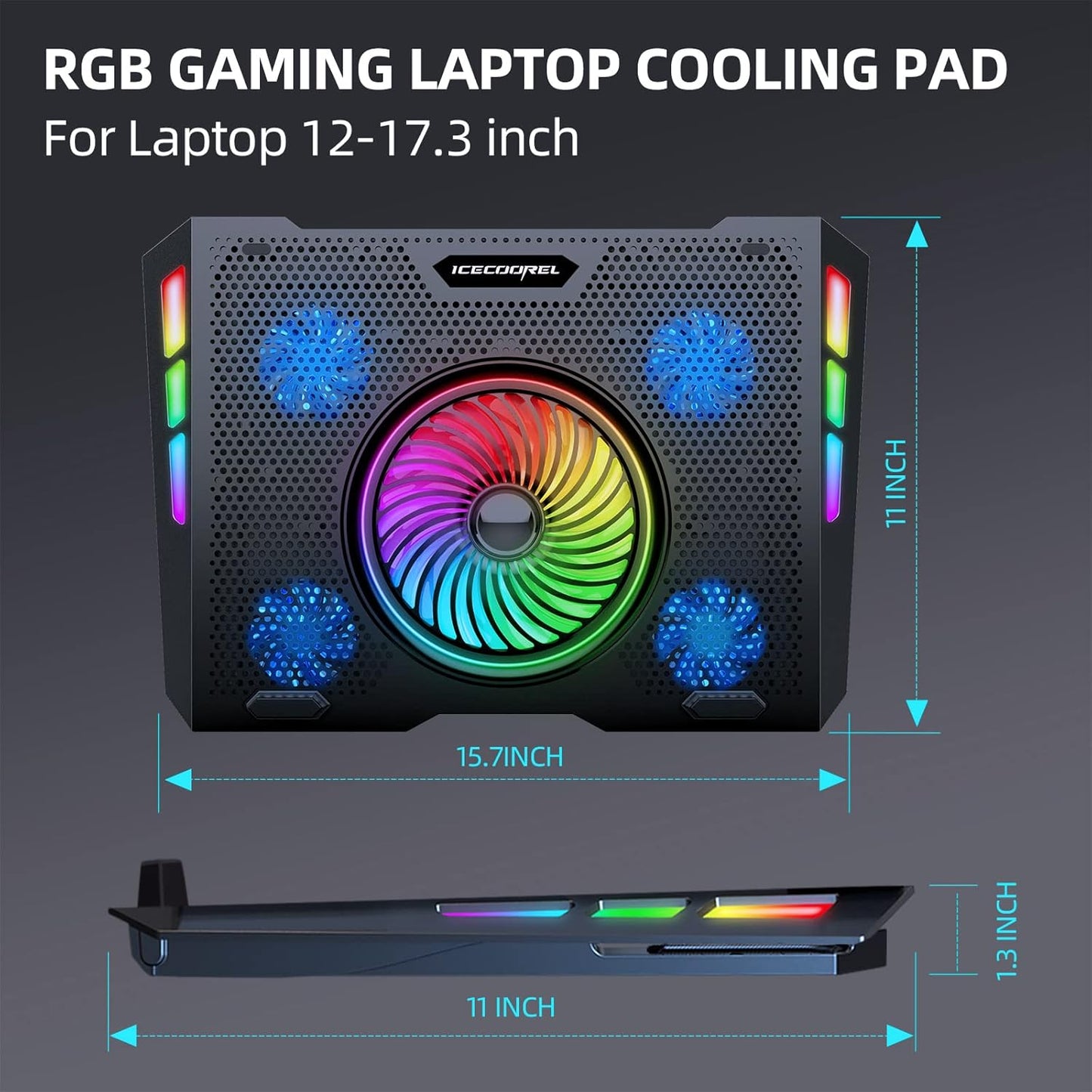 Gaming Laptop Cooling Pad with One Turbofan and 4 Cooling Fans, RGB Laptop Cooler Stand with 5 Height Adjustable, Cooling Pad for Laptop 15-17 Inch