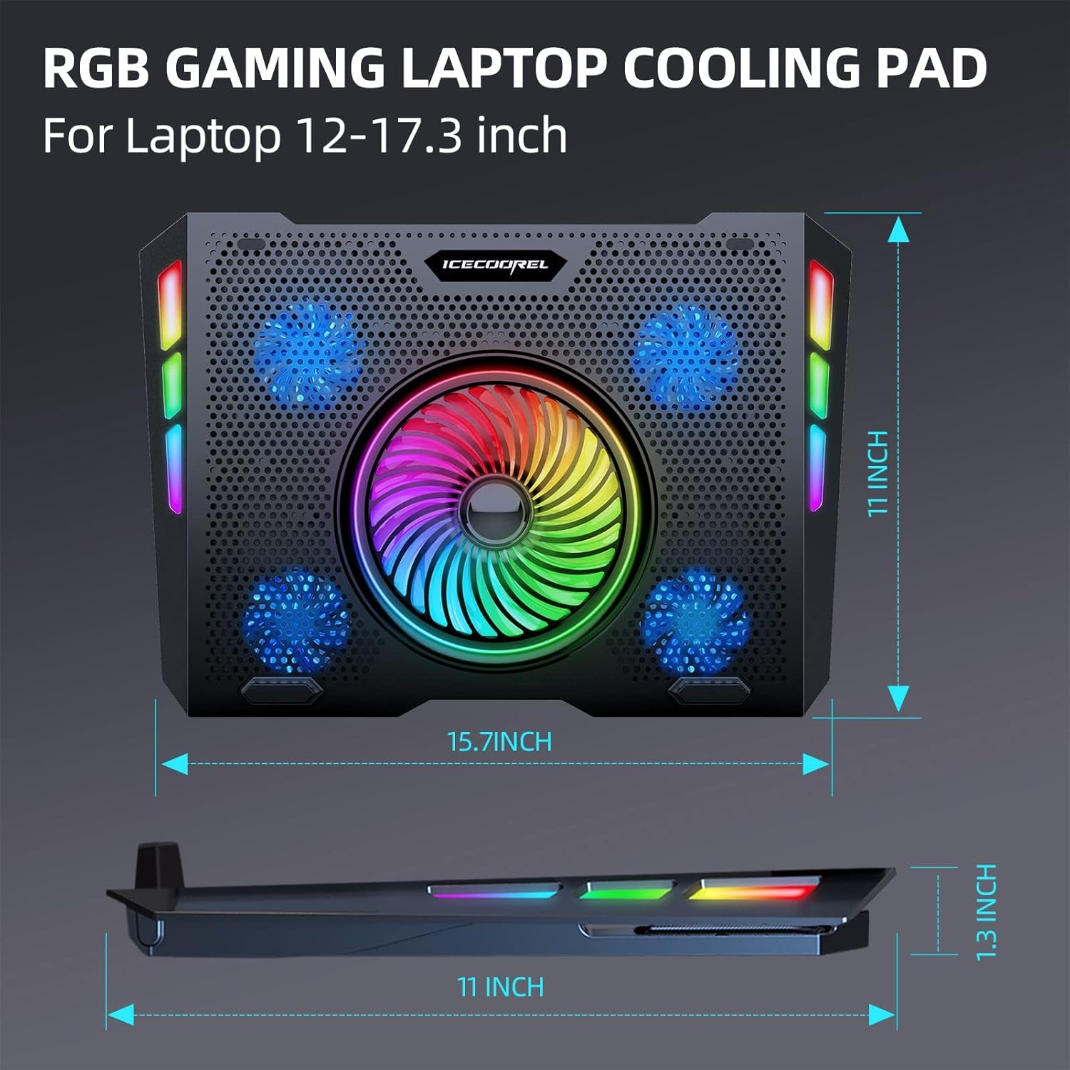 Gaming Laptop Cooling Pad with One Turbofan and 4 Cooling Fans, RGB Laptop Cooler Stand with 5 Height Adjustable, Cooling Pad for Laptop 15-17 Inch