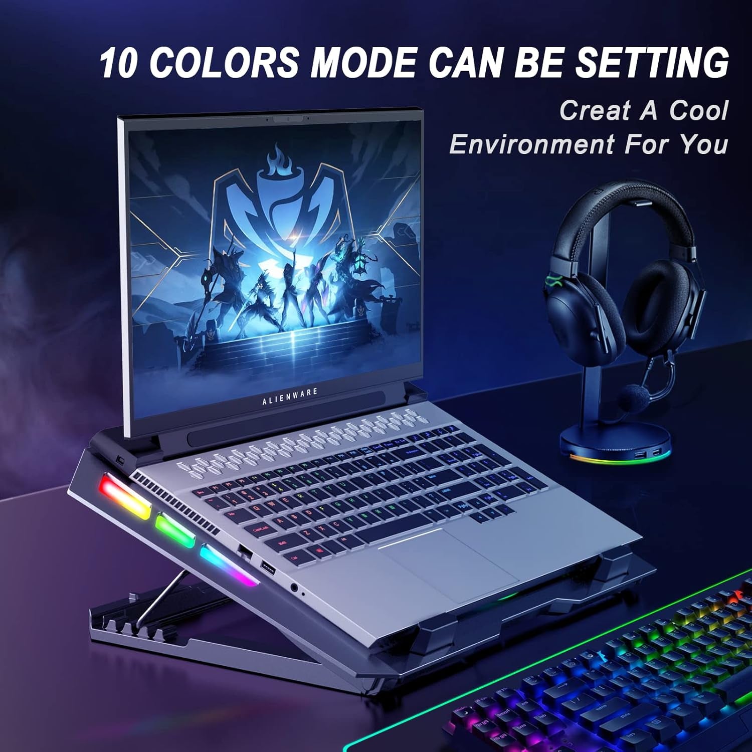 Gaming Laptop Cooling Pad with One Turbofan and 4 Cooling Fans, RGB Laptop Cooler Stand with 5 Height Adjustable, Cooling Pad for Laptop 15-17 Inch