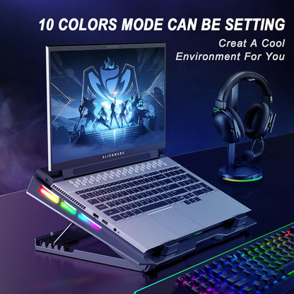 Gaming Laptop Cooling Pad with One Turbofan and 4 Cooling Fans, RGB Laptop Cooler Stand with 5 Height Adjustable, Cooling Pad for Laptop 15-17 Inch