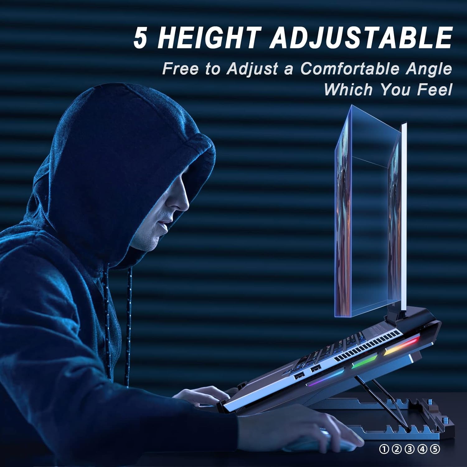 Gaming Laptop Cooling Pad with One Turbofan and 4 Cooling Fans, RGB Laptop Cooler Stand with 5 Height Adjustable, Cooling Pad for Laptop 15-17 Inch